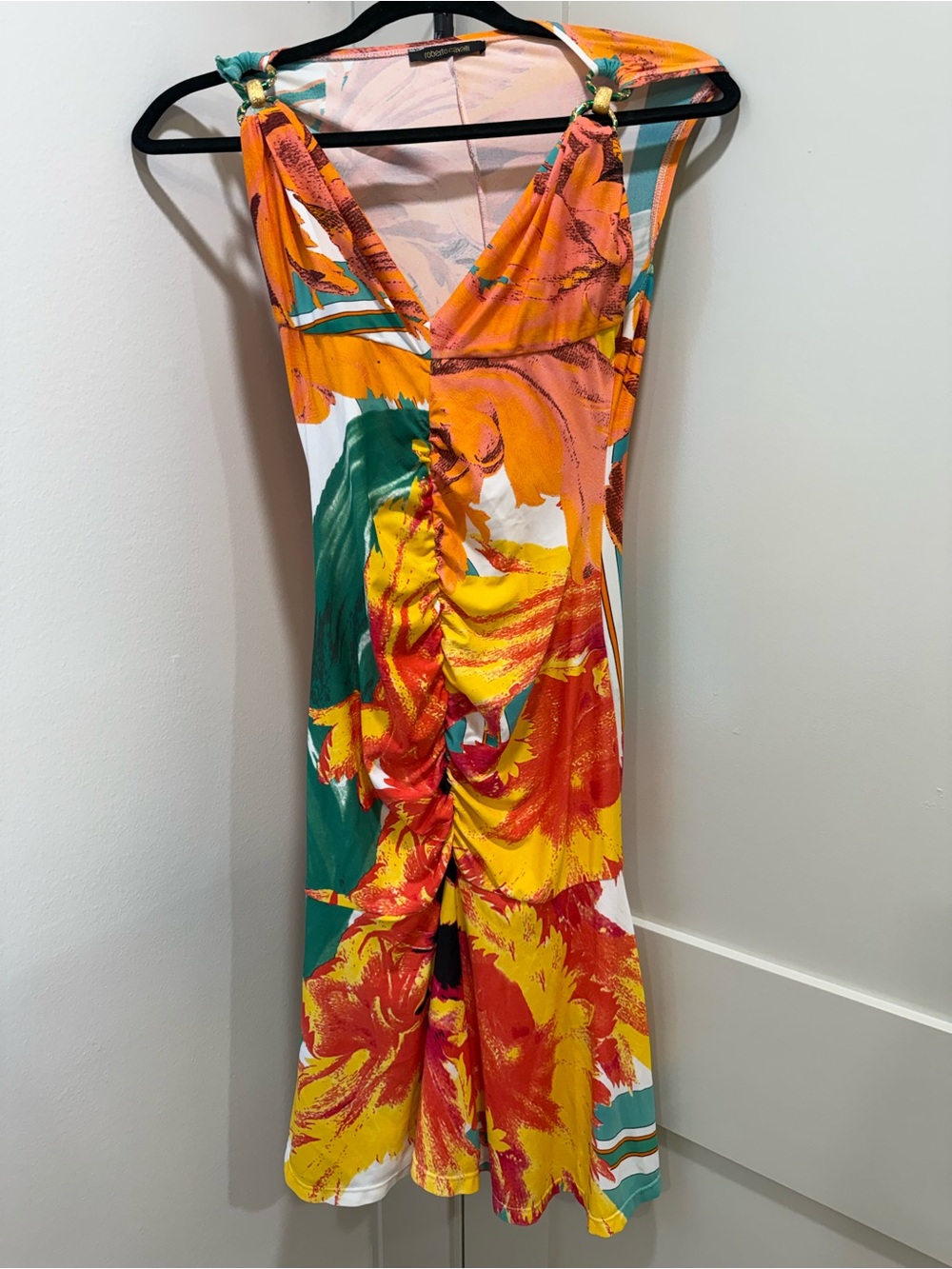 Roberto Cavalli Multicolor Floral Ruched Midi Dress - Orange, Yellow & Green